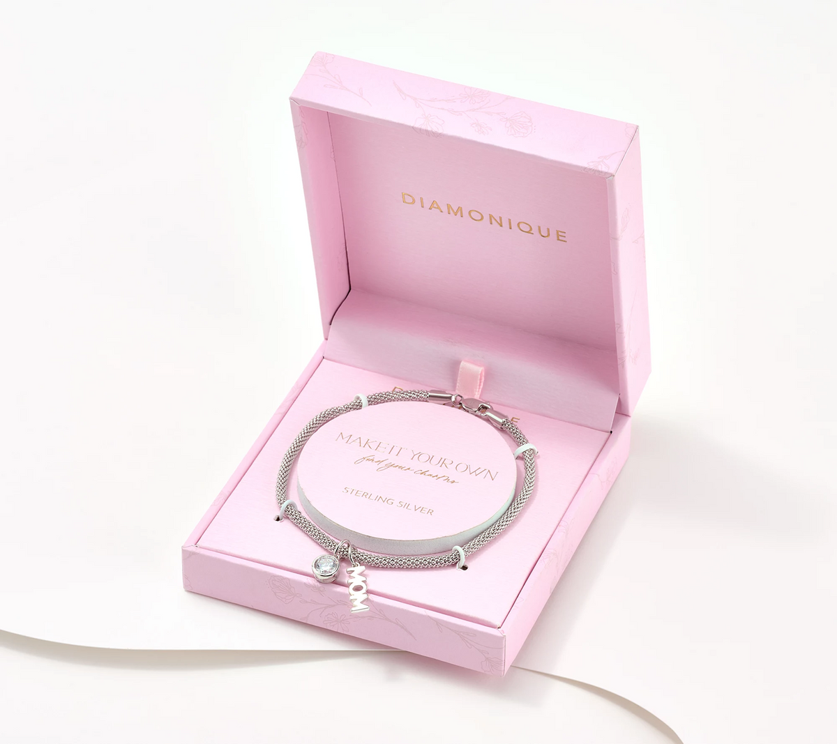 Diamonique Sterling Silver "MOM" Motif Charm Bracelet Large