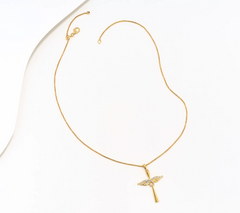 David Markstein Yellow Bronze White Topaz Angel Wing 18" Cross Necklace
