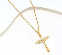 David Markstein Yellow Bronze White Topaz Angel Wing 18" Cross Necklace