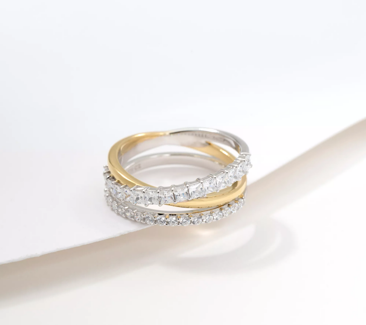 Diamonique Sterling Silver Two-Tone Crossover Ring, Size 8