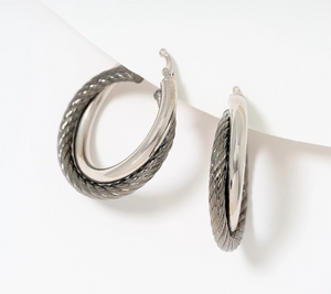 David Markstein Two Tone Black/Silver Bronze Double Twist Ribbed & Polished 1" Hoops