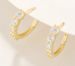 Diamonique Gold Clad Sterling Silver Graduated Stone Huggie Hoop Earrings