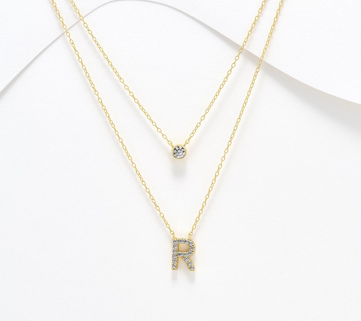 Diamonique 14K Gold SS Plated Initial "R" Two-Row Layered  Necklace