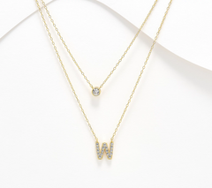 Diamonique 14K Gold SS Plated Initial "W" Two-Row Layered  Necklace