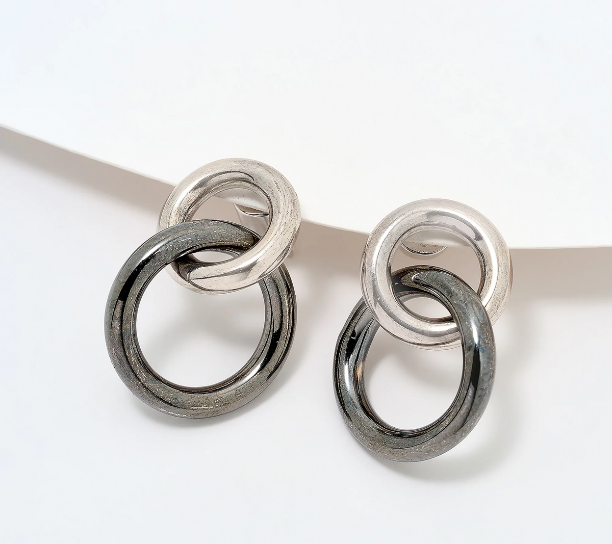David Markstein Two Tone Black Silver Bronze Double Circle Interlocking Earrings