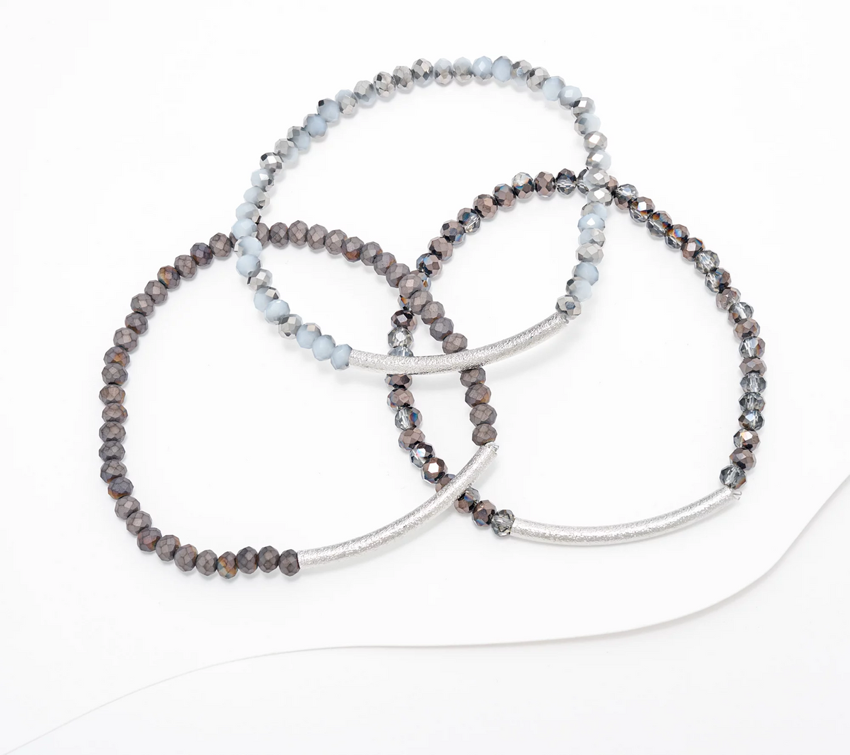 Susan Graver Set of 3 Simulated Silver Brass Bar Stretch Bracelets
