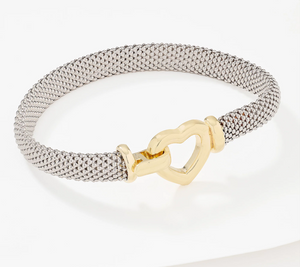 Silver Style Two-Tone Sterling Silver Polished Heart Clasp Bracelet, 6-3/4"