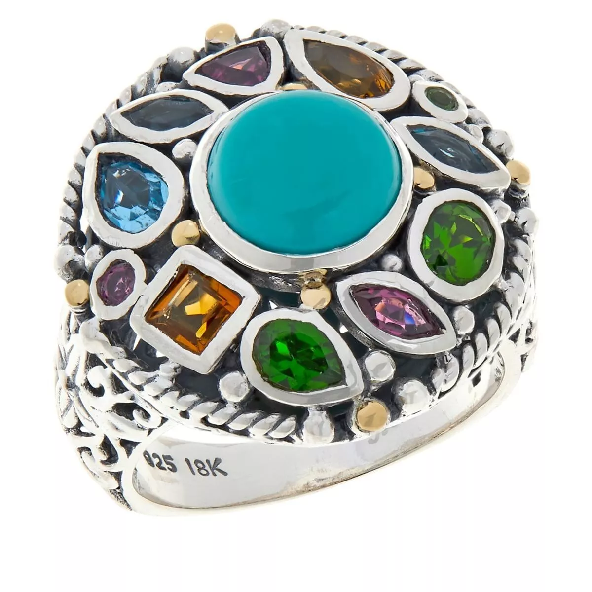 Bali RoManse Sterling Silver Turquoise & Multi-Gemstone Round Ring Size 9