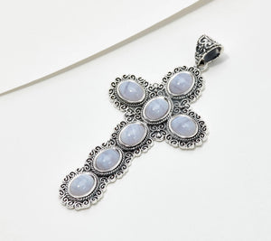 Artisan Crafted Sterling Silver Fancy Large Oval Blue Lace Agate Cross Pendant