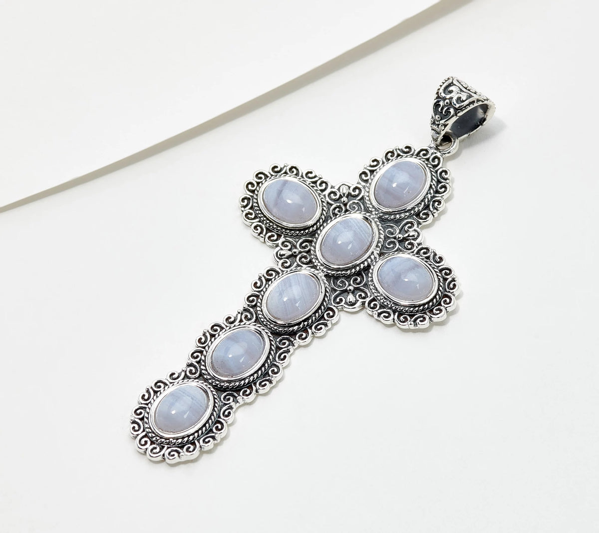 Artisan Crafted Sterling Silver Fancy Large Oval Blue Lace Agate Cross Pendant
