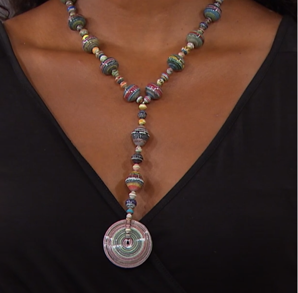 Janice Mae 19" MultiColor Paper Bead Saucer Pendant YDrop Necklace