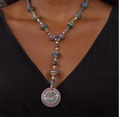 Janice Mae 19" MultiColor Paper Bead Saucer Pendant YDrop Necklace