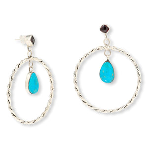 Chaco Canyon Sterling Silver Turquoise and Garnet Hoop Earrings