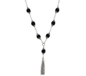 Suarti Artisan Crafted Sterling Silver Black Agate Station Tassle Necklace,  24"