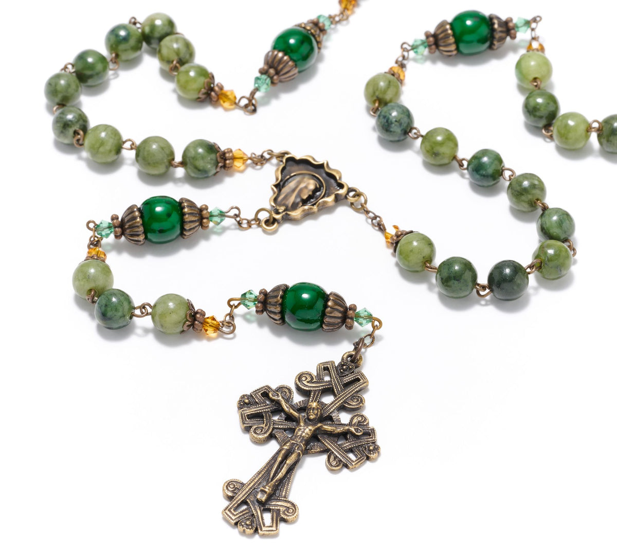 Connemara Marble Bronzetone Dark Green Beaded Antiqued Rosary, 24"