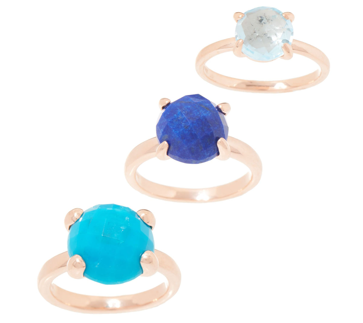 Set of 3 Blue Gemstone Sterling Silver Roseclad Stack Rings Size 7