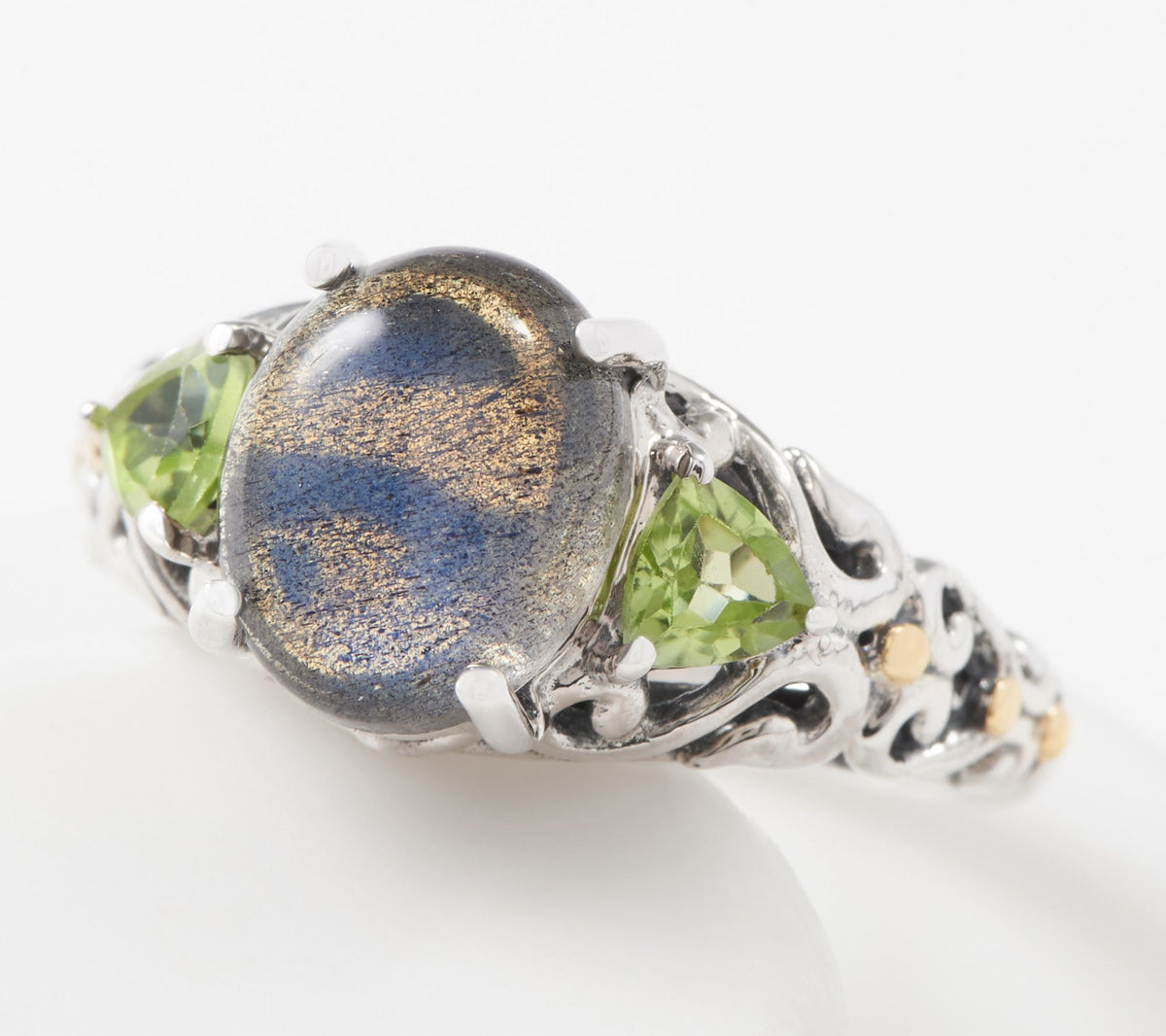 Artisan Crafted Sterling Silver Labradorite & Peridot Three Stone Ring Size 7