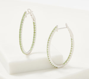Gemstone Peridot Inside Out Oval Silver Hoop Earrings