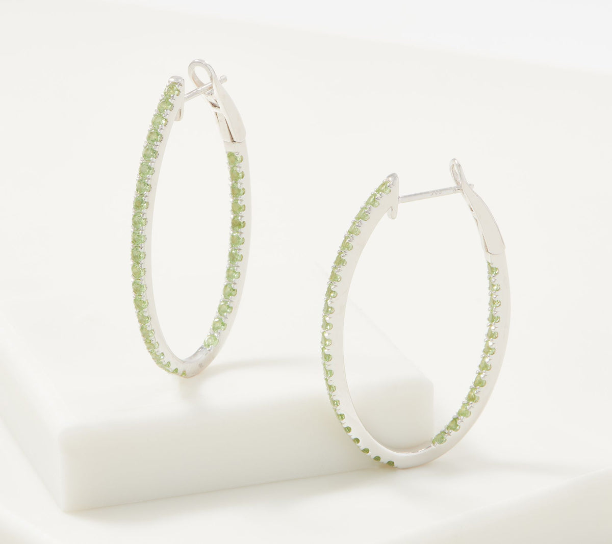 Gemstone Peridot Inside Out Oval Silver Hoop Earrings