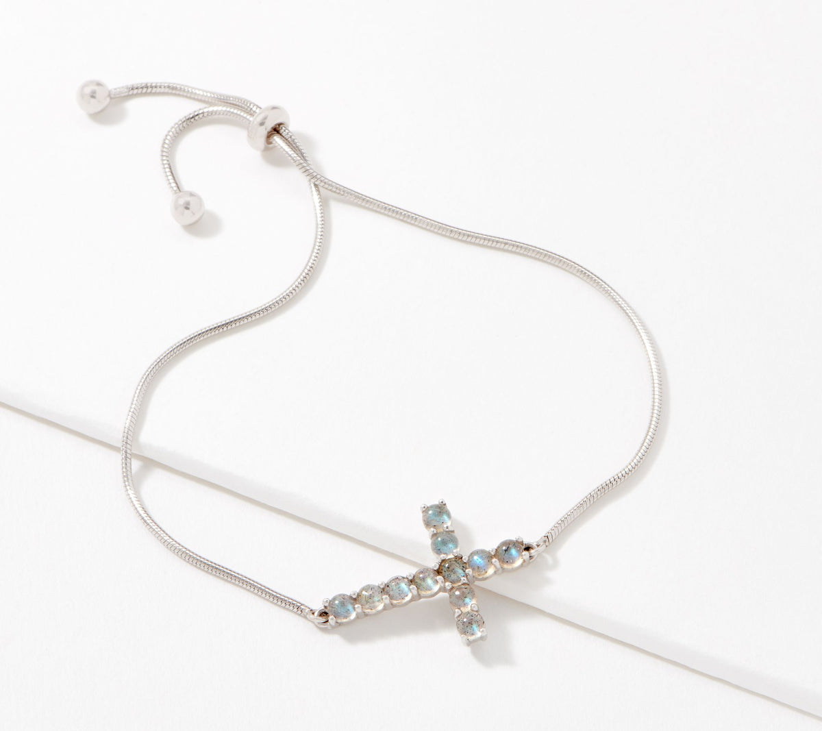 Gemstone Cabochon Cross Adjustable Labradorite Bracelet Sterling Silver