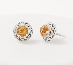 Artisan Crafted Sterling Silver Scroll Design Citrine Stud Earrings