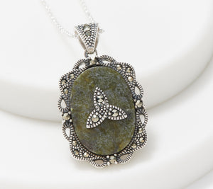 Connemara Marble Shamrock Pendant with Trynity Knot 18"
