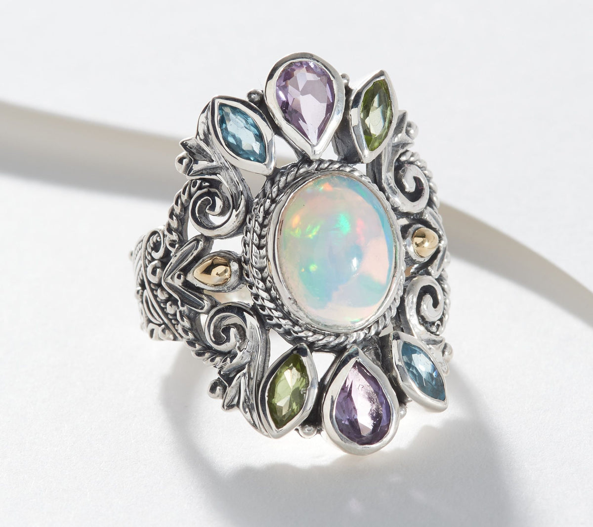 Artisan Crafted Sterling Silver Ethiopian Opal & Gemstone Accents Ring, Size 10