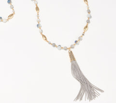 Denim & Co. Long Goldtone Gray Beaded Tassle Necklace 36"