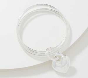 UltraFine Silver Heart Charm Multi- Bangle, 18-20g, Average
