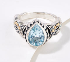 Artisan Crafted  Sterling Silver & 18k Accents Pear Shape Blue Topaz Ring, Size 8