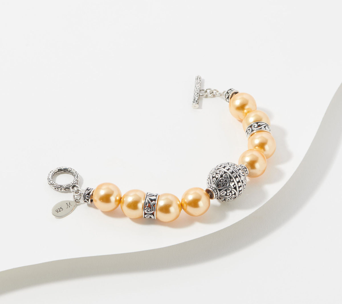 Artisan Crafted Sterling Silver Golden Faux Pearl Bead Bracelet 8-1/4"L