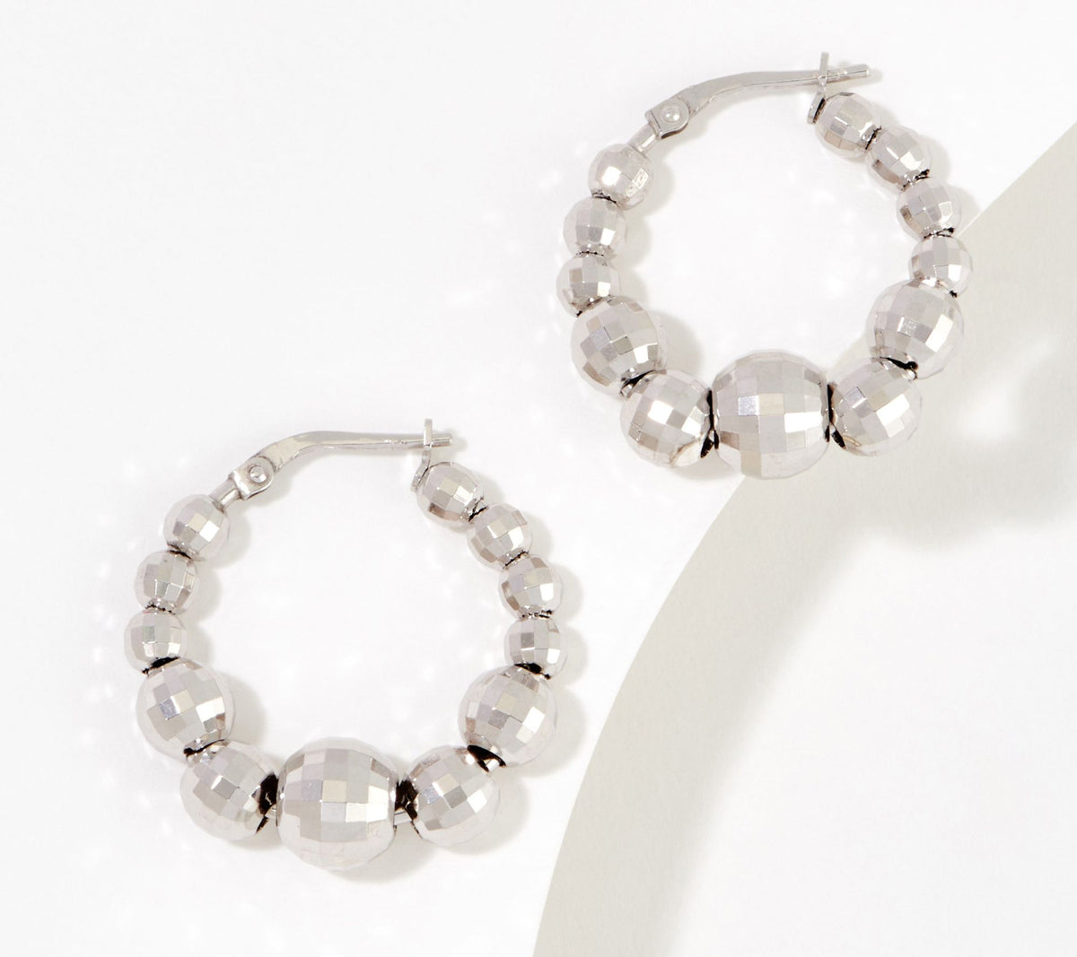 Italian Silver Graduated Bead 1" Hoop Earrings, sterling silver