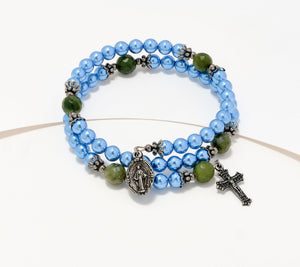 Connemara Marble Blue Faux Pearl Coil Rosary Bracelet