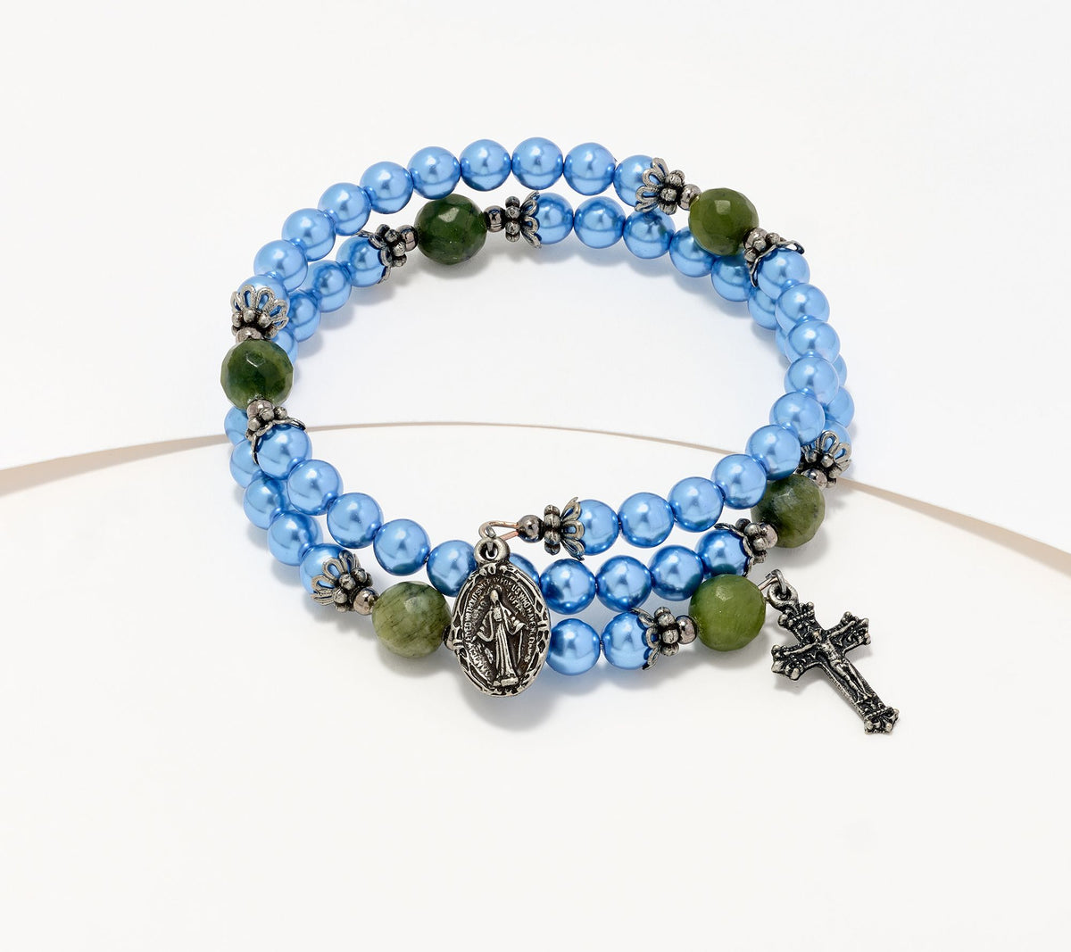 Connemara Marble Blue Faux Pearl Coil Rosary Bracelet