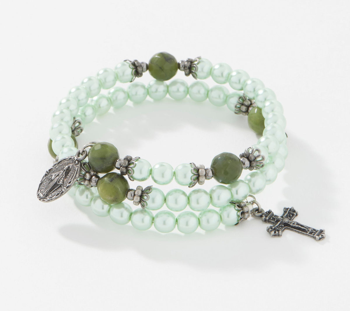 Connemara Marble Faux Pearl Coil Green Rosary Bracelet