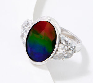 QVC Sterling Silver Oval Canadian Ammolite & White Topaz Ring, Size 5
