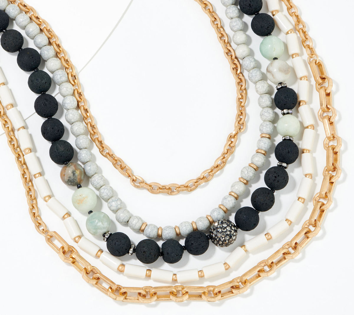Susan Graver Multi-Strand Bead & Chain Gold Tone Necklace