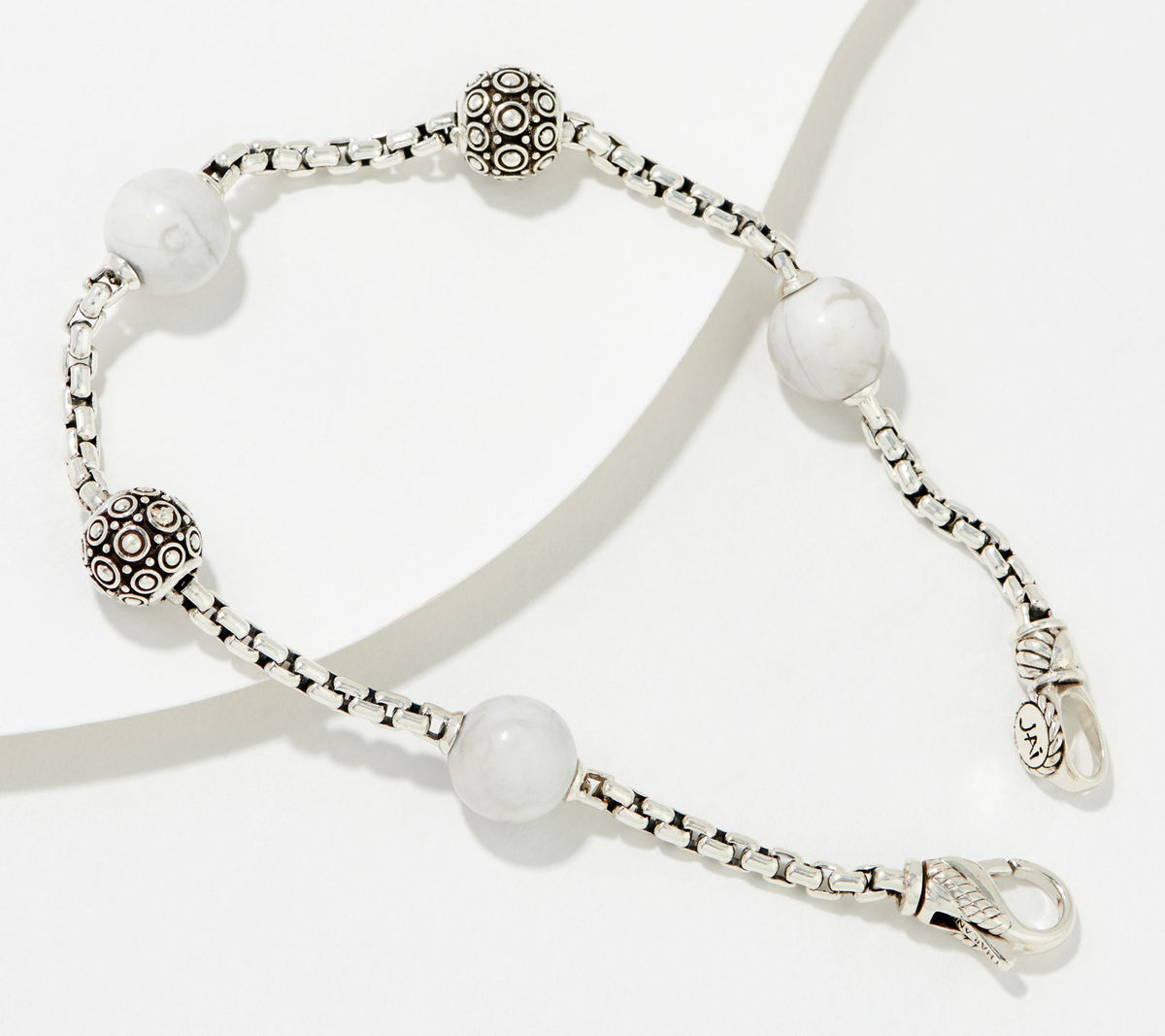 JAI SS Kalahari & White Howlite Gemstone Bead 2.7mm Box Chain Bracelet, 8"