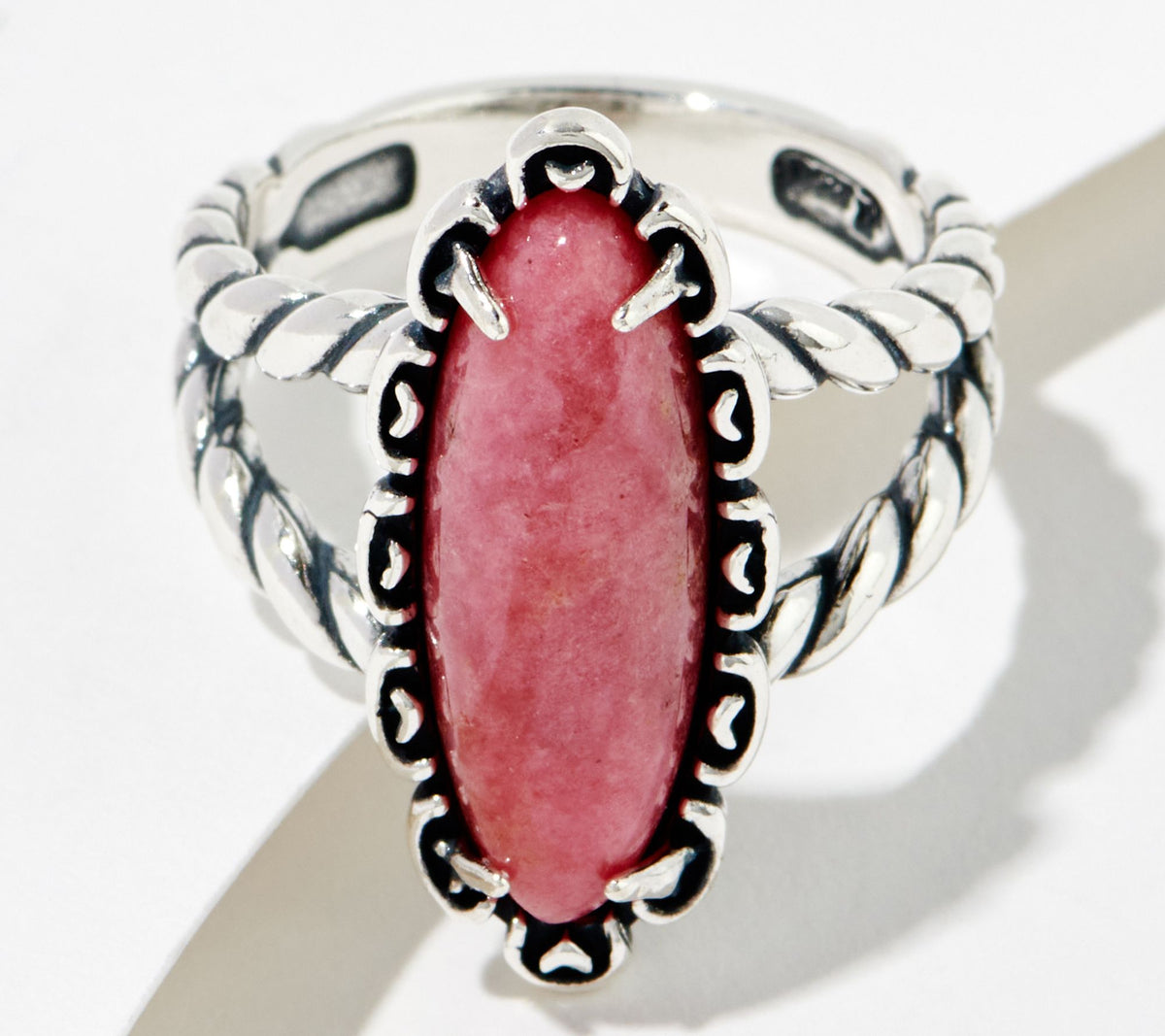 American West Sterling Silver Elongated Oval Rhodonite Rope Ring, Size 11