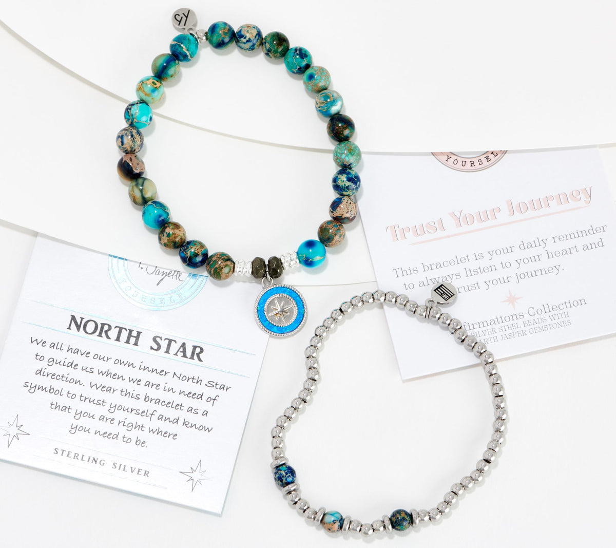 T. Jazelle Gemstone North Star Charm & Affirmation Bracelet Stacker Set, SS Small/Average