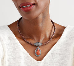 American West Leather Magnetic Necklace w/ Gem & Sterl Pendant