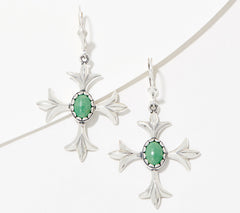 American West Sterling Silver Cross Green Turquoise Lever Back Earrings. 2"