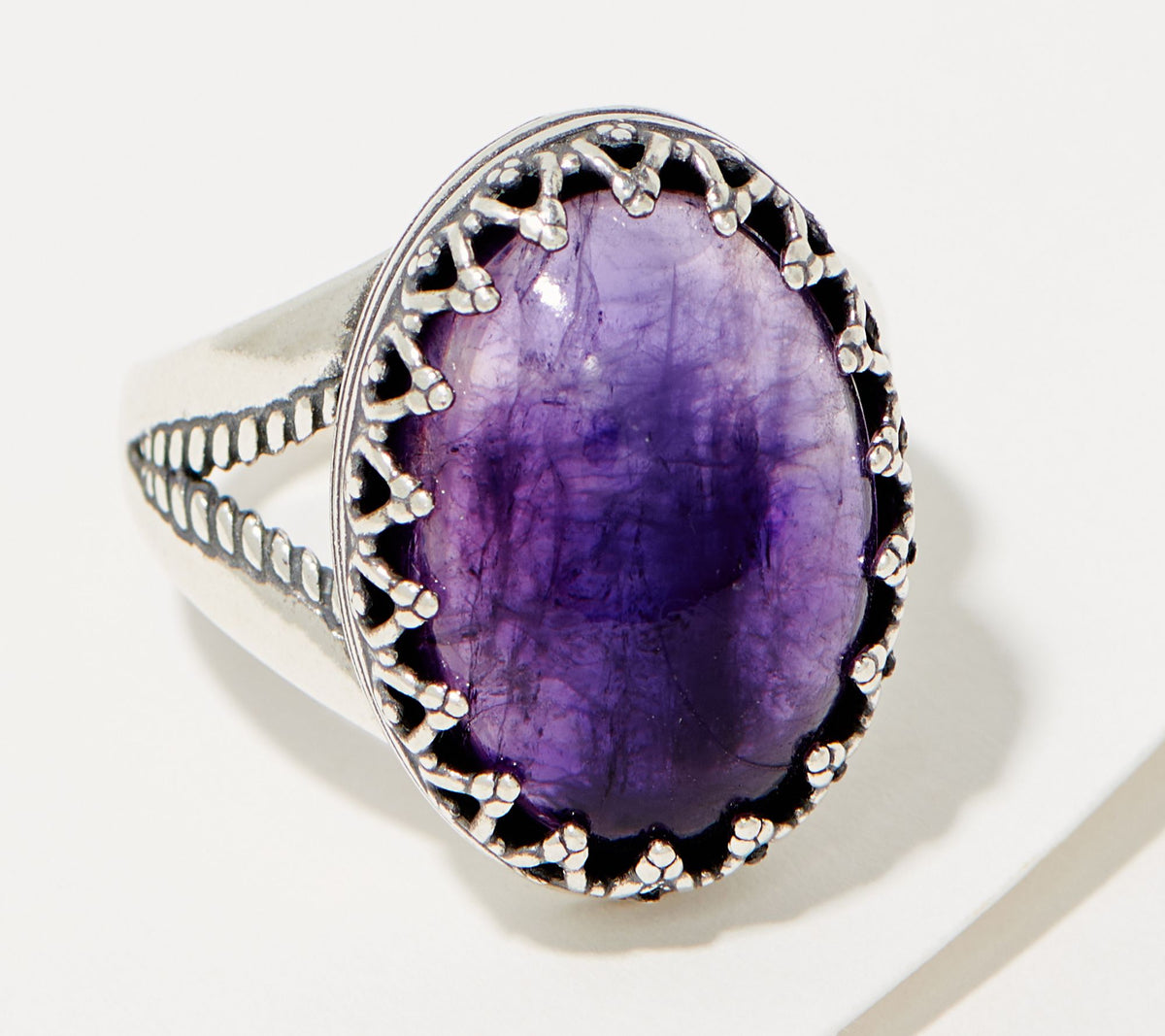 American West Sterling Silver Crown Detail Oval Amethyst Ring Size 7