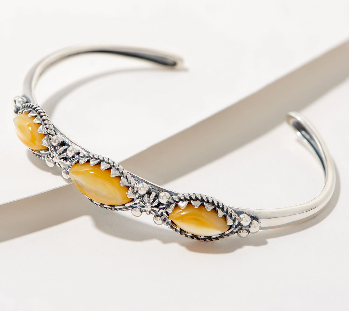 American West Sterling Silver Three Gold MOP Gemstone Stackable Cuff 7-1/4"