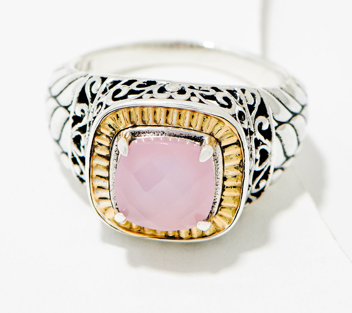 Artisan Crafted SS & 18K Chalcedony Cushion Ring, Size 6