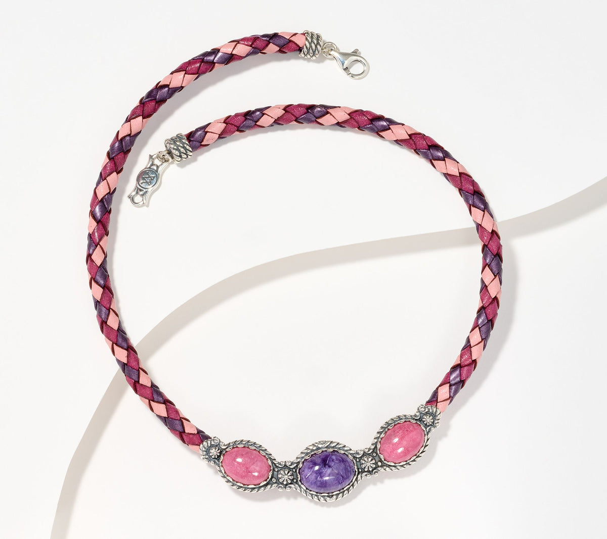American West Sterling Silver Tonal Braided Leather 3-Stone Charoite & Rhodonite Necklace, 20"