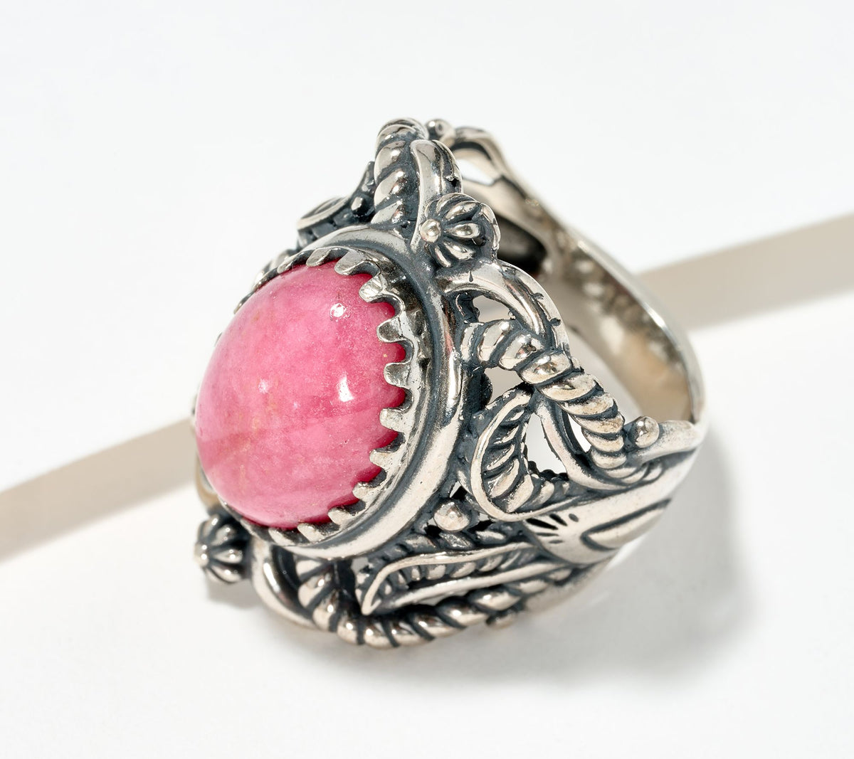 American West Sterling Silver Oval Pink Rhodonite Scroll & Leaf Ring Size 6