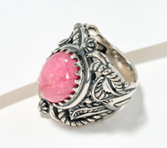 American West Sterling Silver Oval Pink Rhodonite Scroll & Leaf Ring Size 6