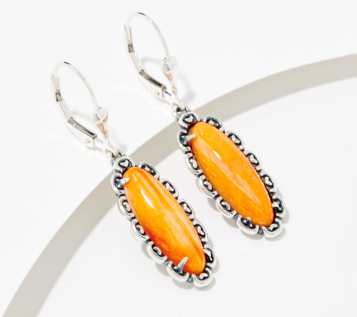 American West Sterling Silver Elongated Oval Orange Spiny Rope Earrings, 1-5/8"