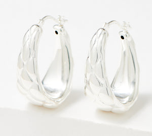 UltraFine 950 Fine Silver Quilted Elongated Hoop Earrings 1-1/8"
